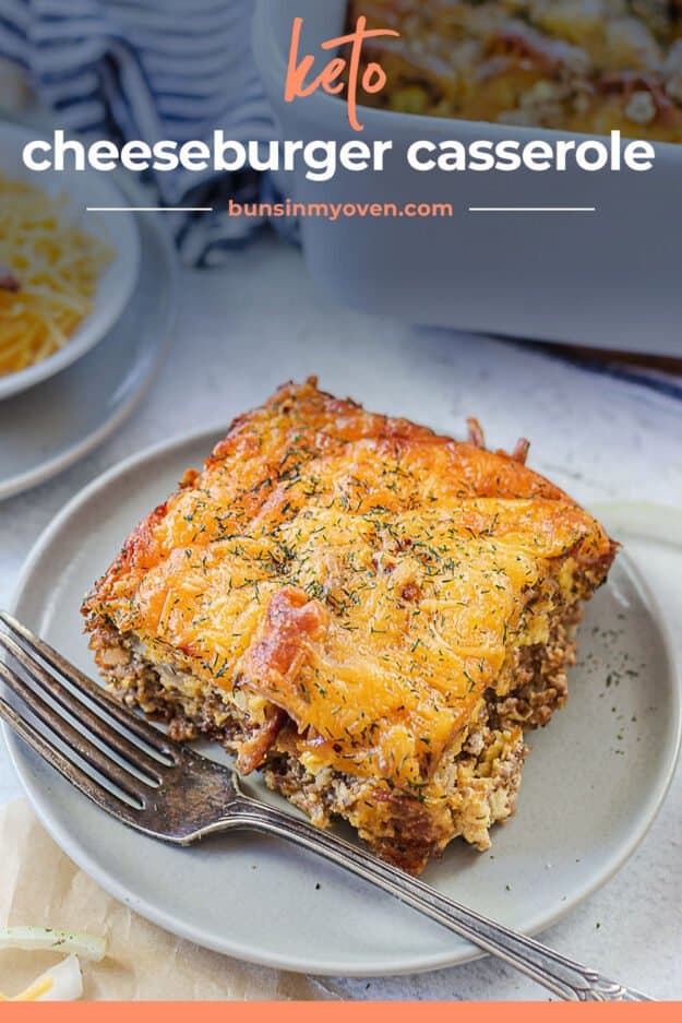 slice of cheeseburger casserole on small plate.