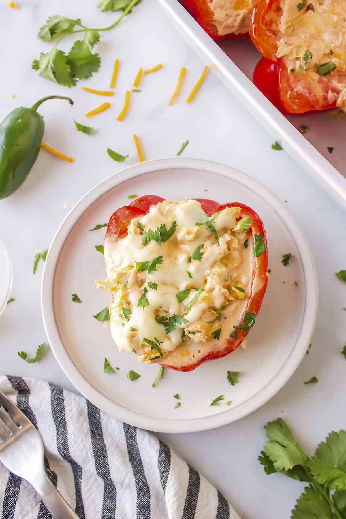 Overhead view of chicken stuffed peppers.