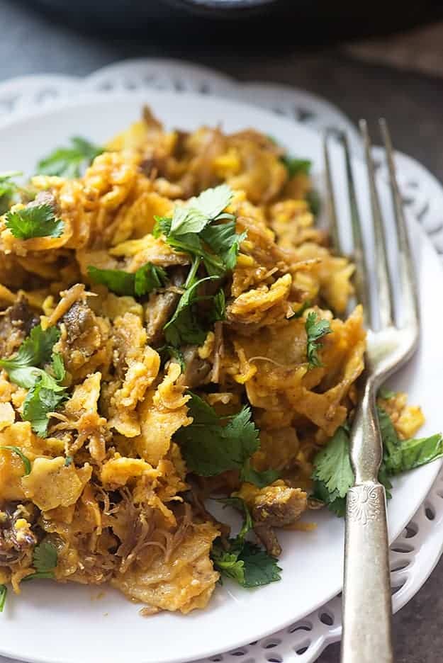 A white plate of carnitas chilaquiles.