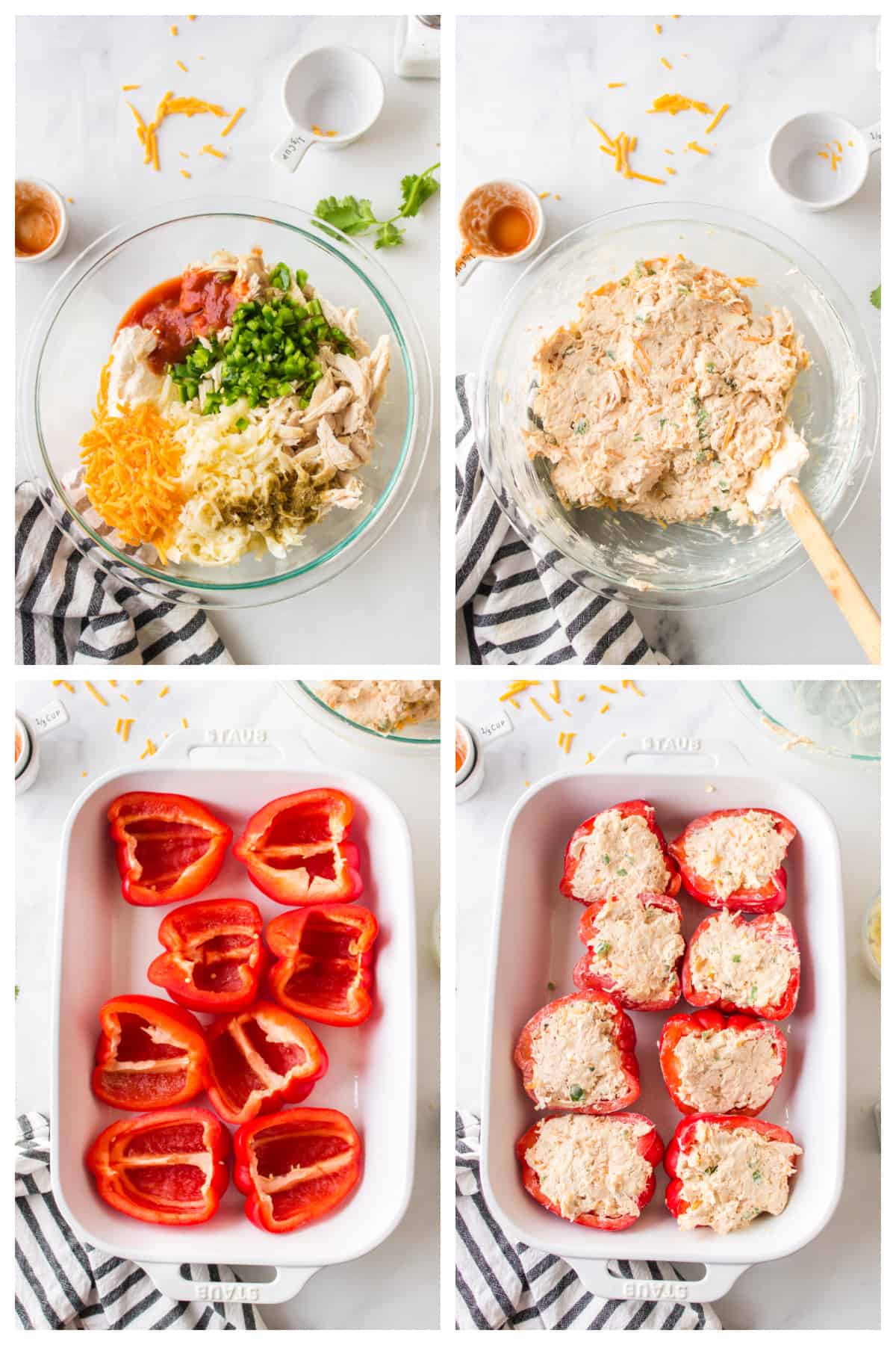 Collage showing how to make cream cheese chicken stuffed peppers.