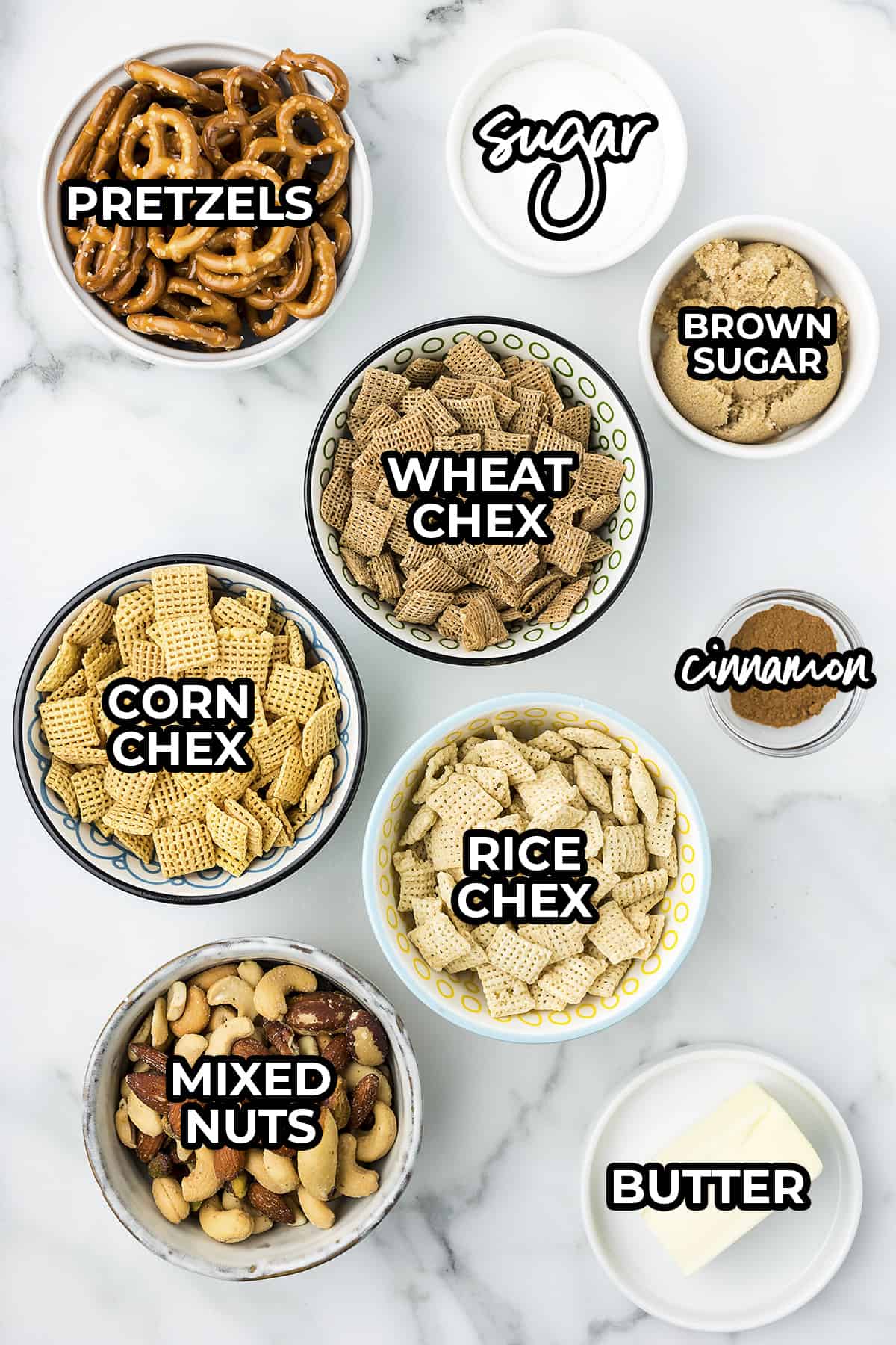 Ingredients for sweet chex mix recipe.