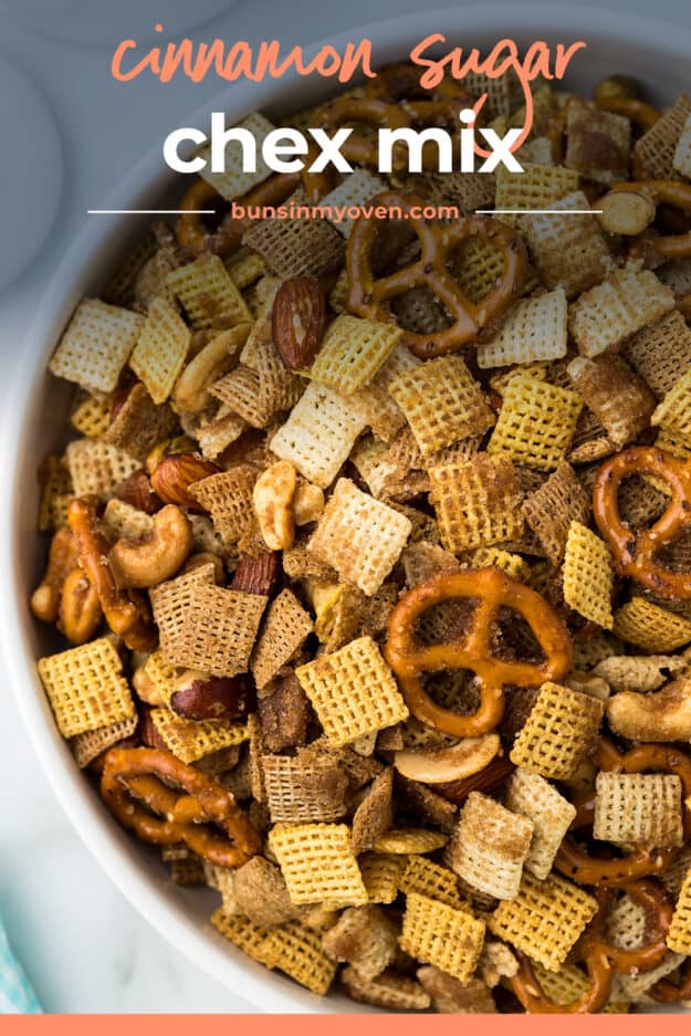 Chex mix in bowl with text for Pinterest.