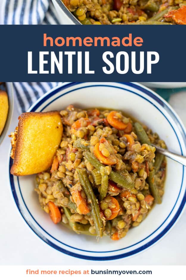 easy lentil soup in white bowl.
