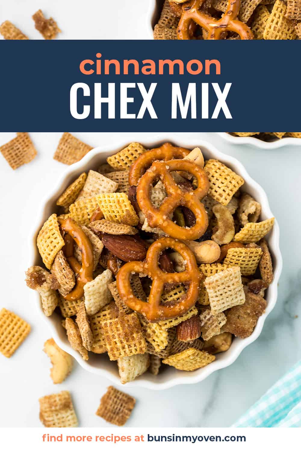 Cinnamon chex mix in white dish.