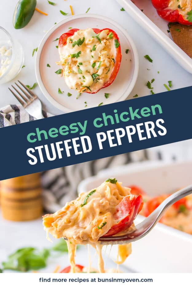 Collage of chicken stuffed peppers images.