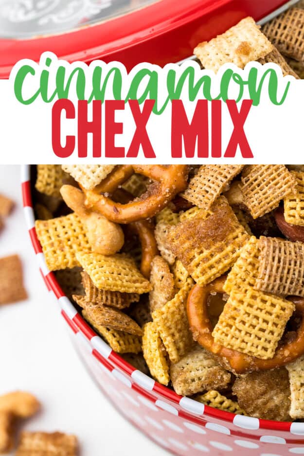 Cinnamon chex mix in Christmas tin.