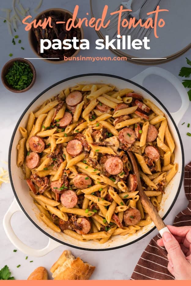 Pot full of smoked sausage pasta.