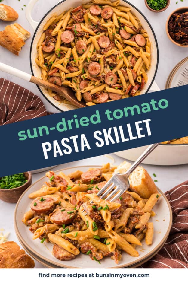 Collage of sun-dried tomato pasta recipe images.