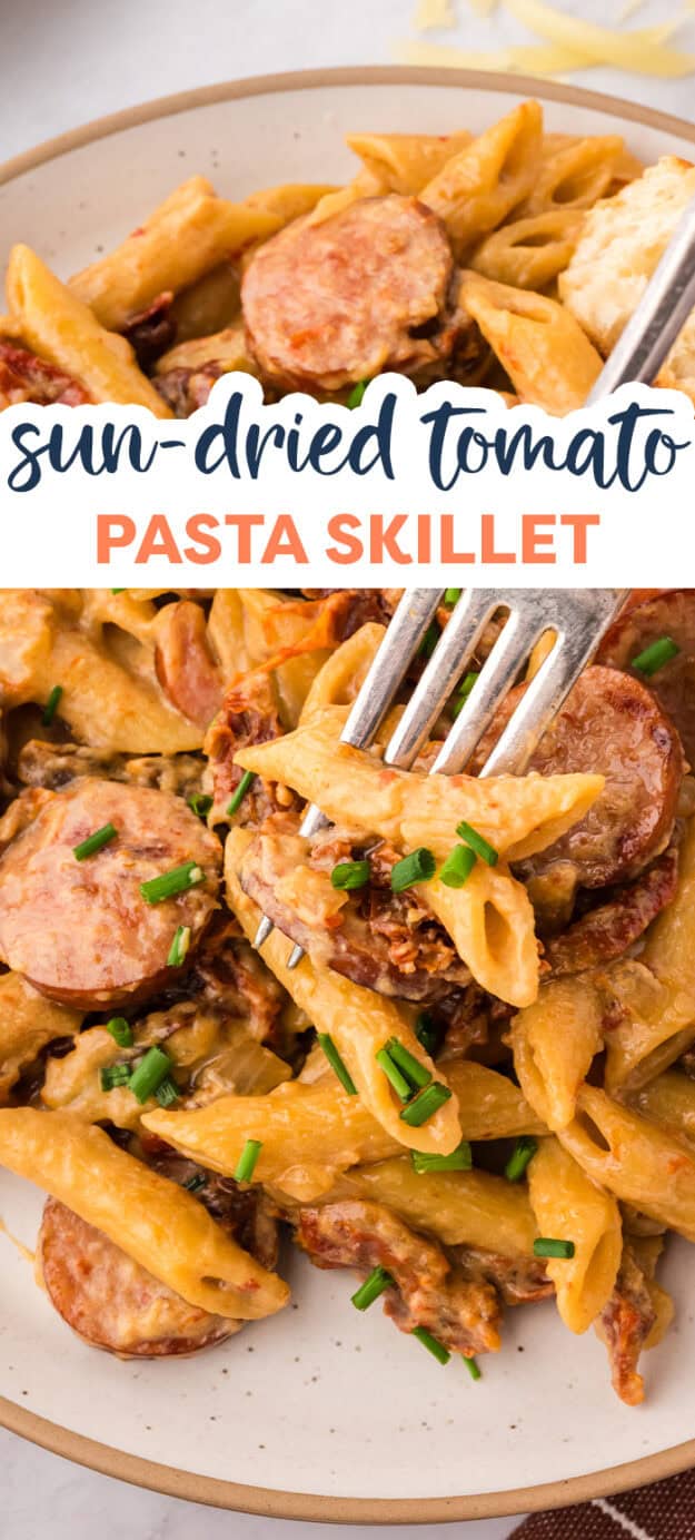 Pasta with sun-dried tomatoes and smoked sausage on white plate.