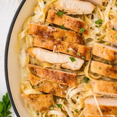 Cajun chicken Alfredo in skillet.