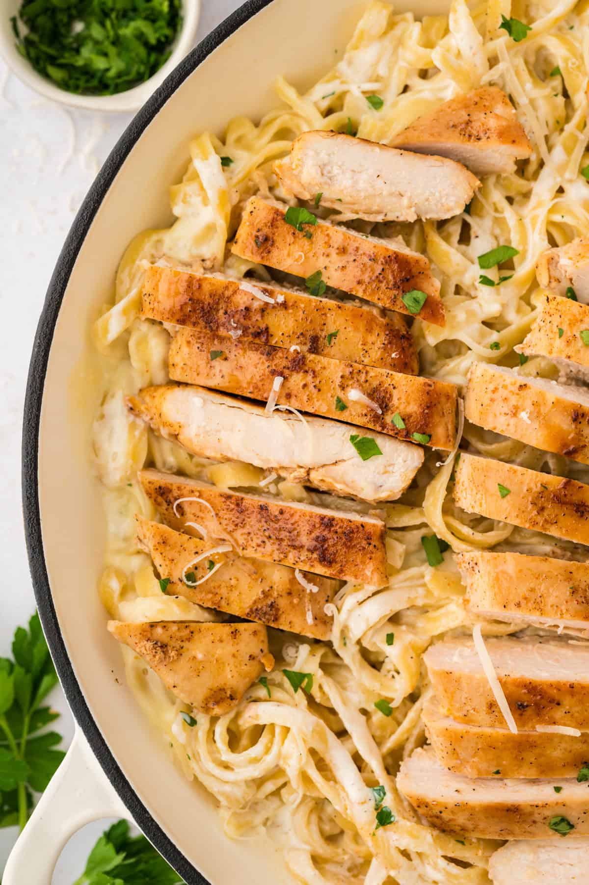 Cajun chicken Alfredo in skillet.