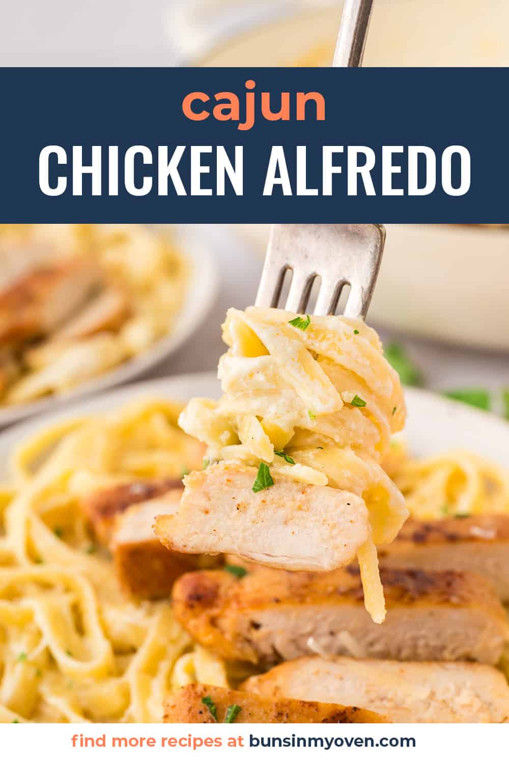 Chicken Alfredo in bowl with text for Pinterest.