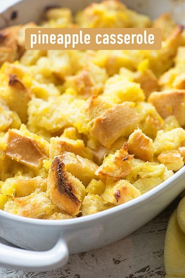 Pineapple casserole in a white bowl.