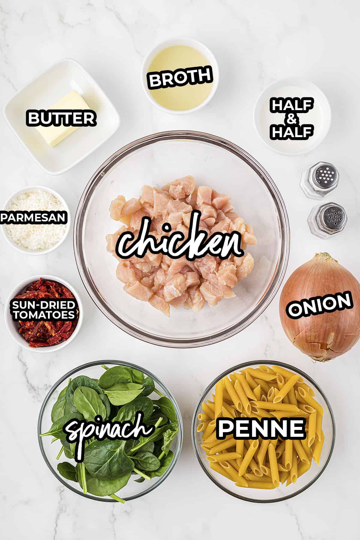 Ingredients for chicken florentine pasta.