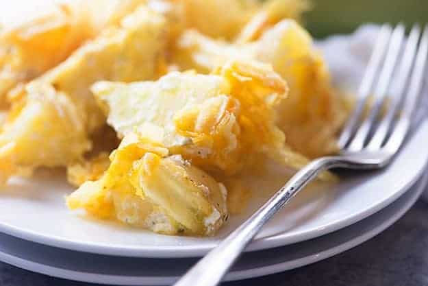 A close up of cheesy potatoes on a white plate.