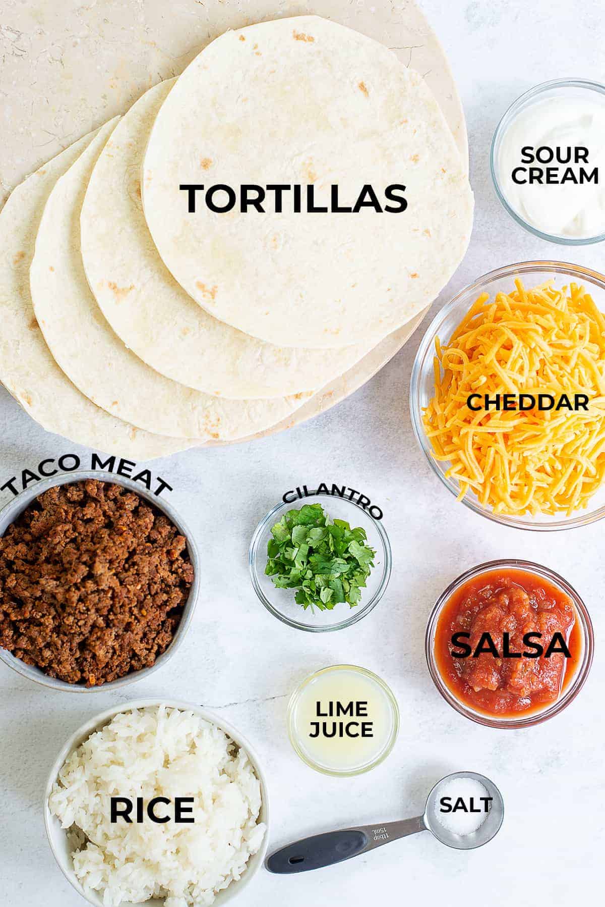 overhead view of ingredients for burrito pie.