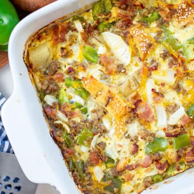 breakfast casserole in baking dish.