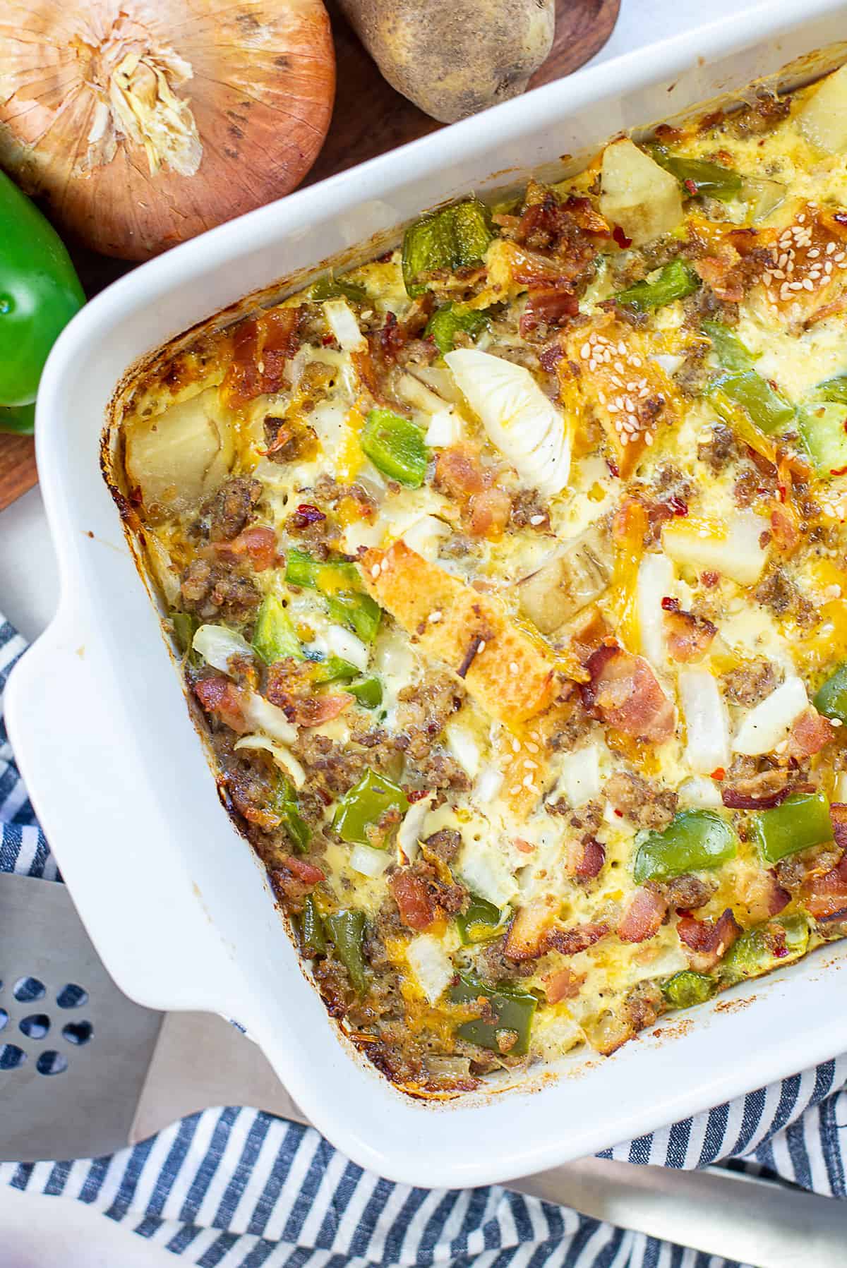 breakfast casserole in baking dish.