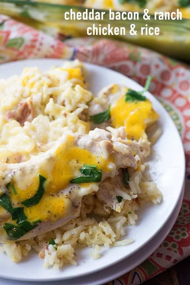 Chicken and rice topped with cheese on a white plate.