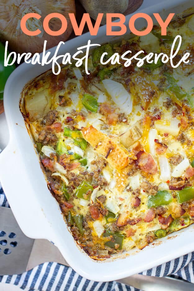 breakfast casserole in dish with text for pinterest.