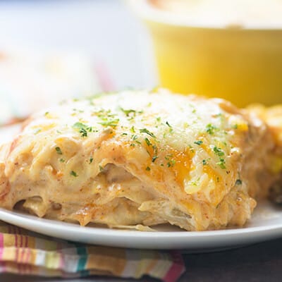 This chicken enchilada casserole tastes like my favorite cream cheese chicken enchiladas, without all of the work! So easy and family friendly.