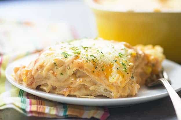 This chicken enchilada casserole tastes like my favorite cream cheese chicken enchiladas, without all of the work! So easy and family friendly.