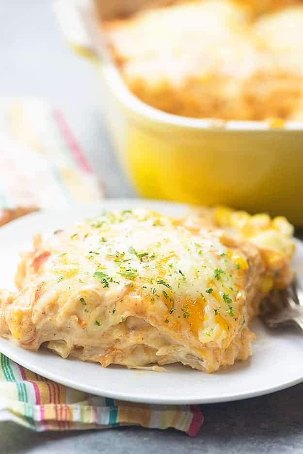 This chicken enchilada casserole tastes like my favorite cream cheese chicken enchiladas, without all of the work! So easy and family friendly.