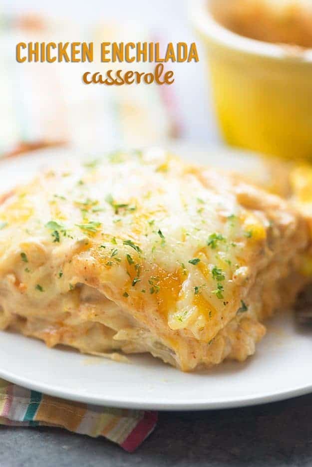 This chicken enchilada casserole tastes like my favorite cream cheese chicken enchiladas, without all of the work! So easy and family friendly.