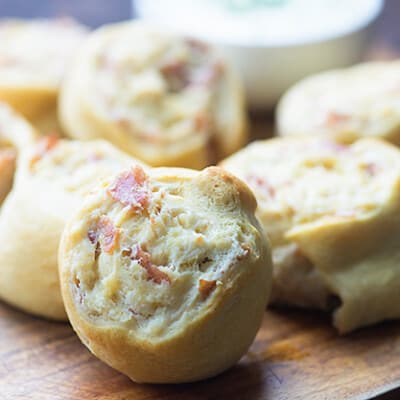 These cream cheese pinwheels are packed with bacon and chicken. We like them dipped in ranch!