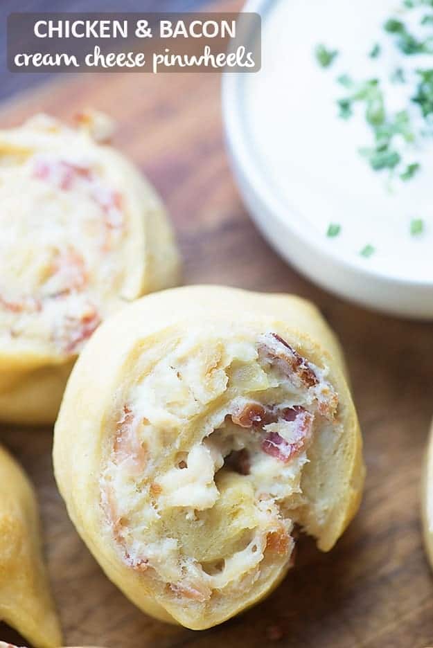 These cream cheese pinwheels are packed with bacon and chicken. We like them dipped in ranch!
