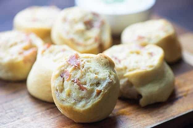 These cream cheese pinwheels are packed with bacon and chicken. We like them dipped in ranch!