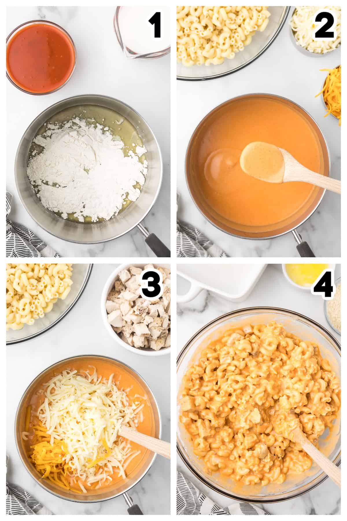 Collage showing how to make buffalo chicken mac and cheese.