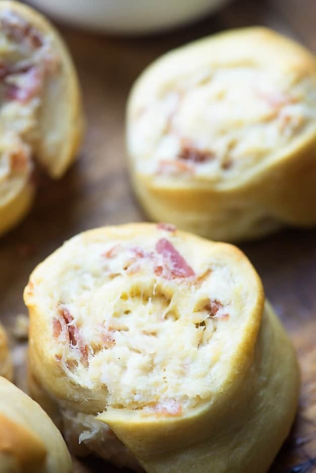 These cream cheese pinwheels are packed with bacon and chicken. We like them dipped in ranch! I love pinwheel recipes!