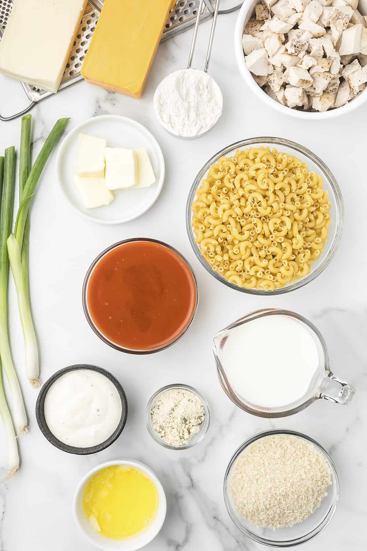 Ingredients for buffalo chicken pasta recipe.