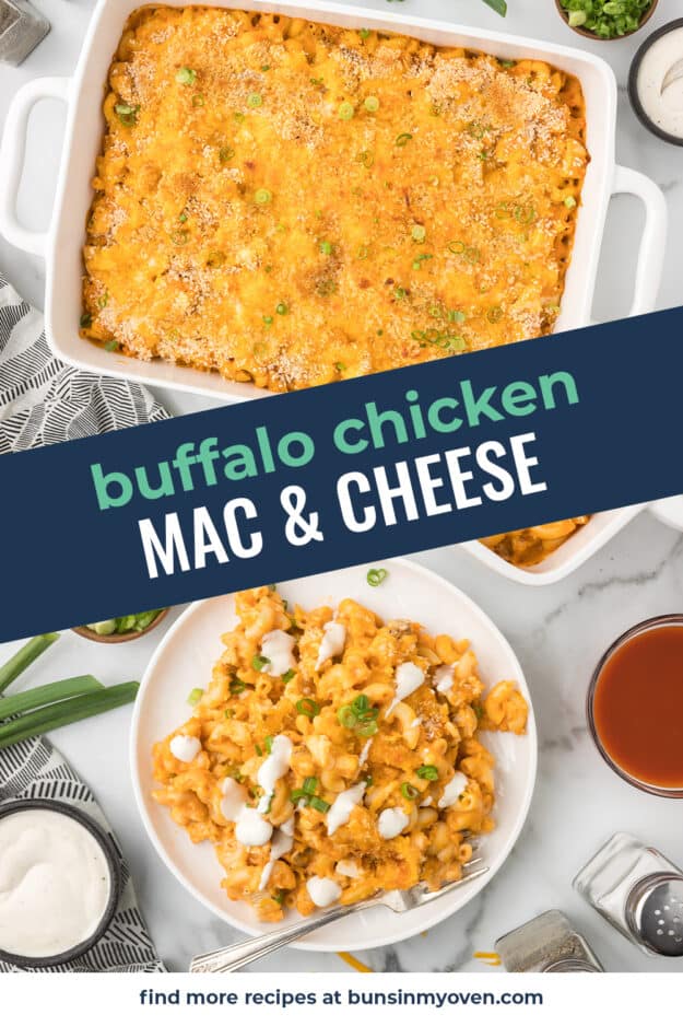 Collage of buffalo chicken macaroni and cheese images.