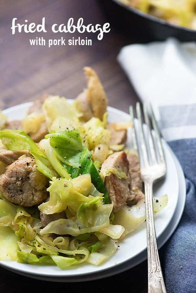 This fried cabbage with pork sirloin is such an easy weeknight dinner! Ready in less than 30 minutes!