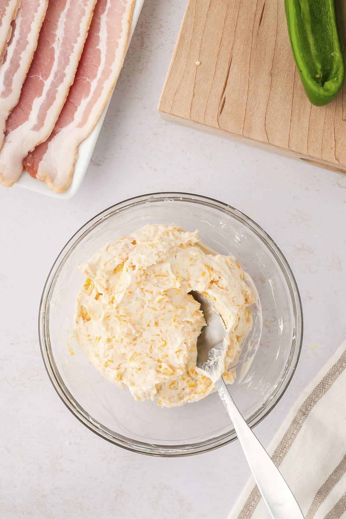 Jalapeno popper filling in mixing bowl.