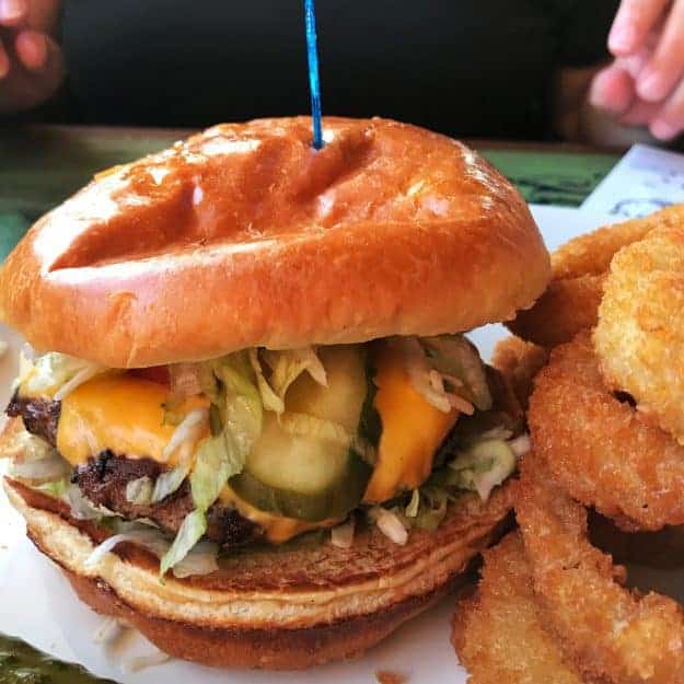 A close up of a sandwich on a plate next to onion rings.