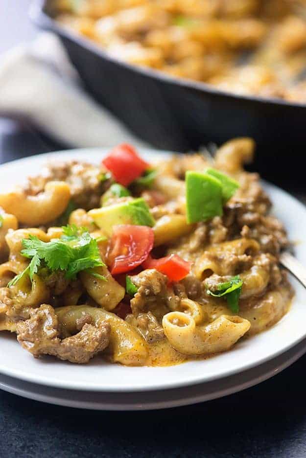 A small white plate of cheesy pasta.