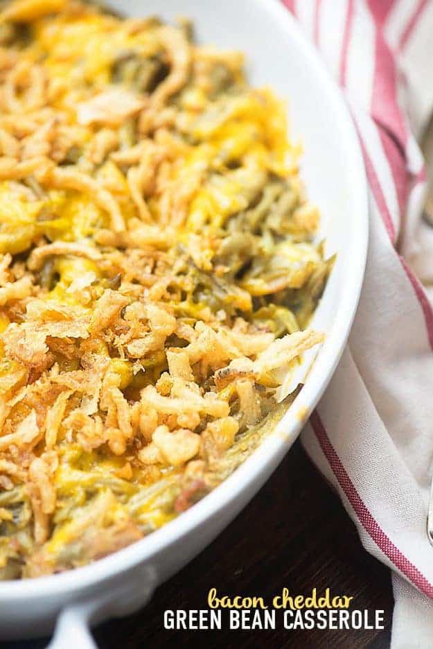 Green bean casserole with bacon! This green bean casserole recipe is so easy and there are NO cans of soup! 
