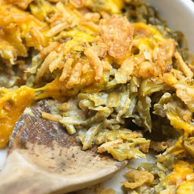 Green bean casserole with cheese! This green bean casserole recipe is so easy and there are NO cans of soup!