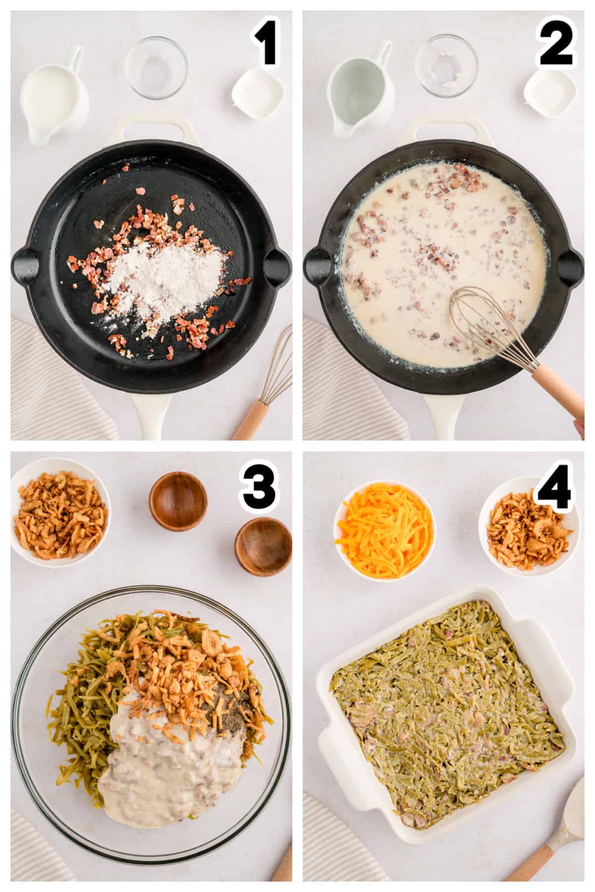 Collage showing how to make green bean casserole from scratch.