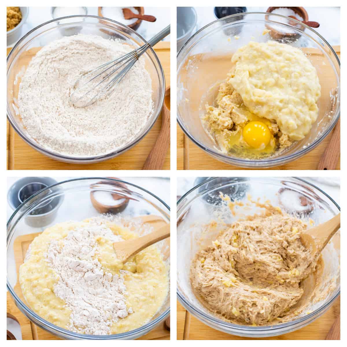 Collage showing how to make banana coffee cake.