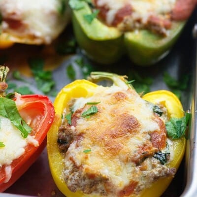 These low carb stuffed peppers are a great keto recipe! Like a keto lasagna and they're super easy, too!