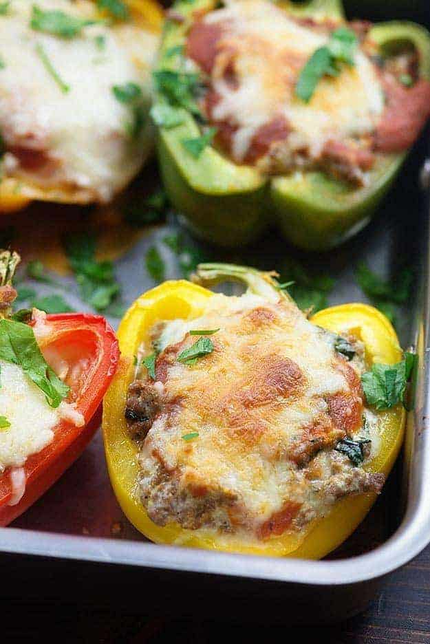 These low carb stuffed peppers are a great keto recipe! Like a keto lasagna and they're super easy, too! 