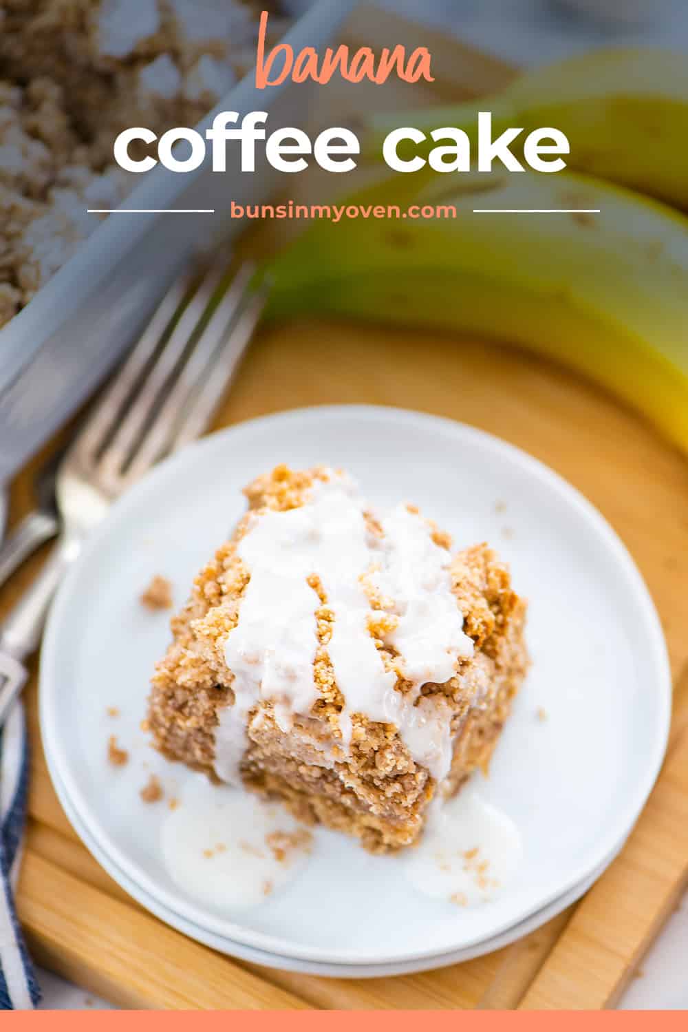 Banana coffee cake on white plate.