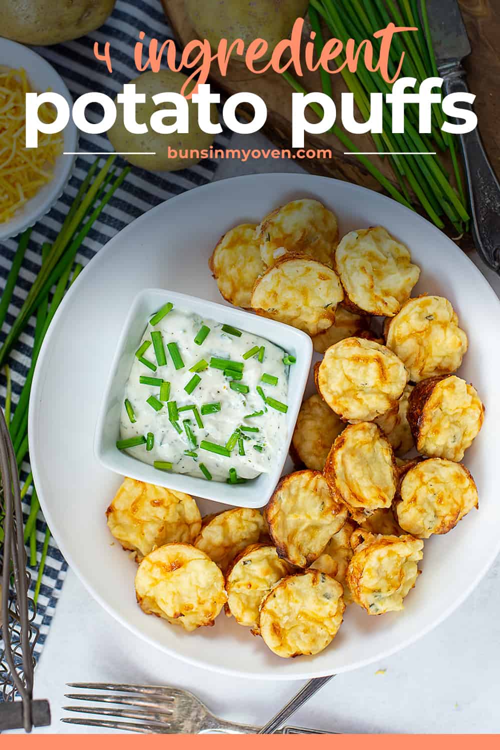 mashed potato puffs in bowl with text for Pinterest.