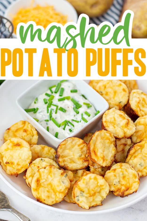 potato puffs in bowl with text for Pinterest.