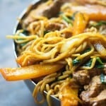 This pork lo mein recipe is full of pork, bell peppers, onions, and spinach. It's ready in less than 30 minutes and even tastier than take out!
