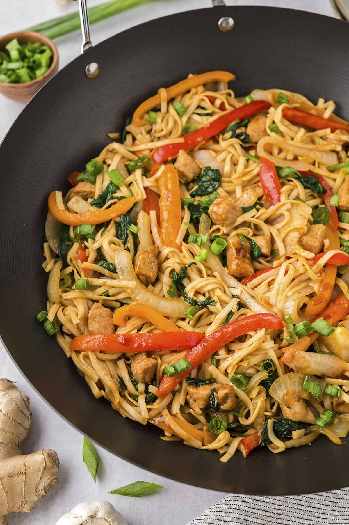 This pork lo mein recipe is full of pork, bell peppers, onions, and spinach. It's ready in less than 30 minutes and even tastier than take out!